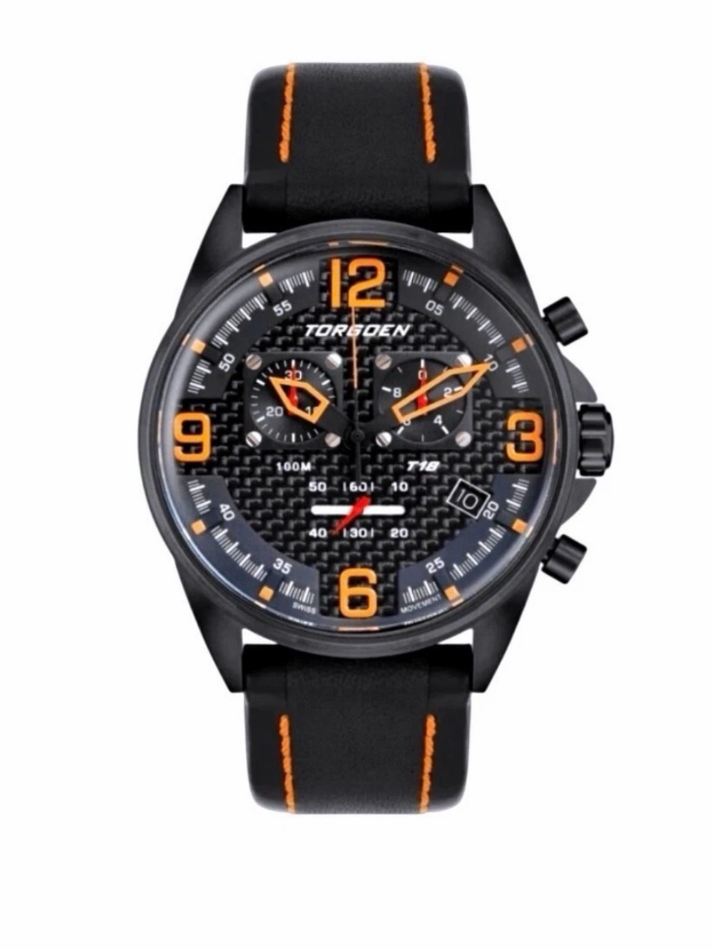 Torgoen T18 Chronograph Pilot Watch 45mm Carbon Filter Black Orange NEW w box